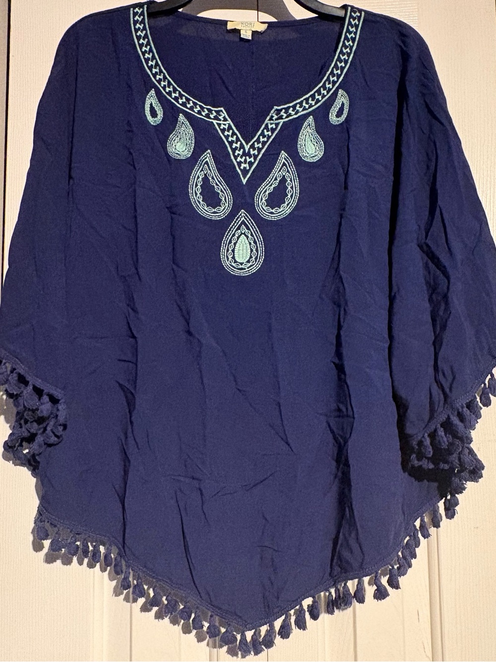 Kori Navy Poncho Tunic with Light Blue Embroidery